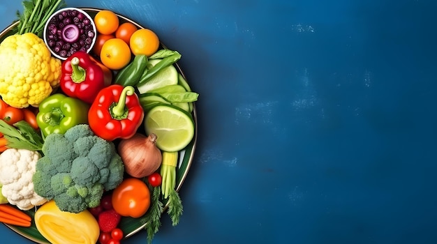 Photo top view vegetable composition with fresh fruits on a blue table