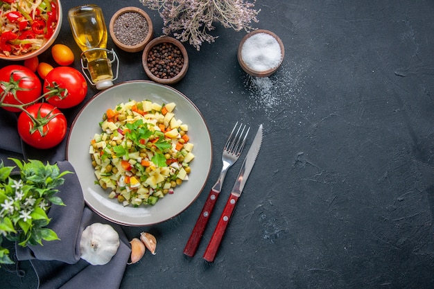 top view vegetable salad with red tomatoes and seasonings on dark background diet horizontal lunch colour meal bread food cuisine health free space