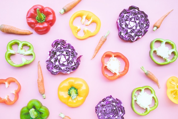 Top view of vegetable set, sweet pepper, carrot, cabbage