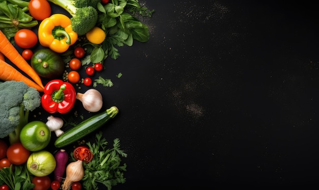 Top view vegetables on black background Vegetarian organic food banner Cooking ingredient carrot tomatoes cucumber pepper broccoli onion Copy space Created with generative AI tools