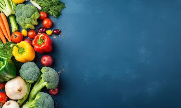 Top view vegetables on deep blue background Copy space Cooking ingredient carrot tomatoes cucumber pepper broccoli onion Vegetarian organic food banner Created with generative AI tools