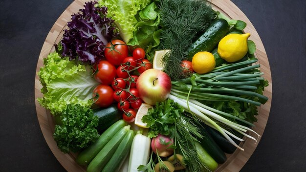 Top view vegetables and fruits lettuce tomatoes cucumber dill cherry tomatoes zucchini green onion