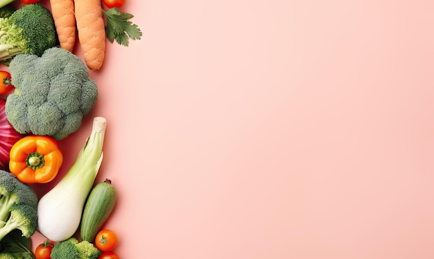 핑크색 바탕에 있는 채소 위쪽 표시 복사 공간 요리 재료 당근, 토마토, 호박, 고추, 브로콜리, 양파, 채식주의자, 유기농 식품 배너, 생성 AI 도구로 만들어졌습니다.