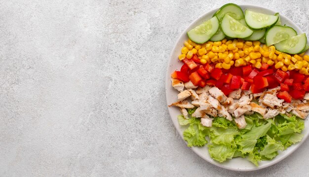 Photo top view veggie salad with chicken and copy-space