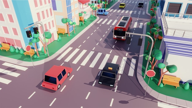 Top View of Vehicle driving Along Road, Building and Zebra Crossing.