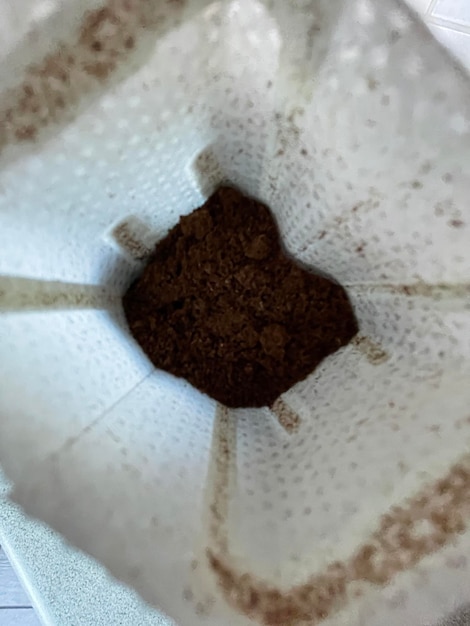 Top view vertical close up of gound coffee in a drip filter bag