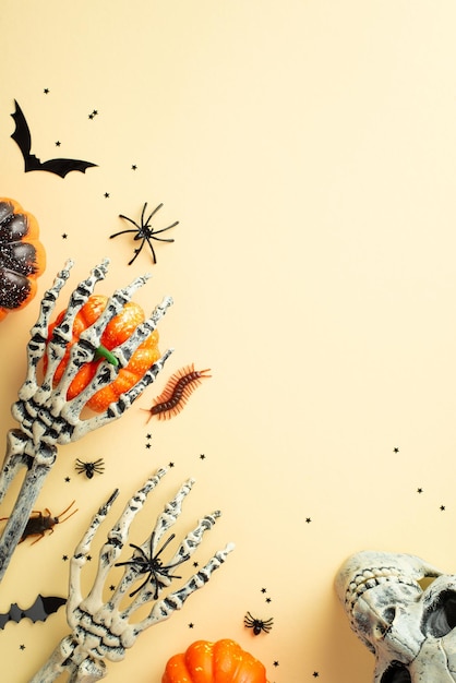 Foto vista dall'alto foto verticale di spaventose decorazioni di halloween scheletro mani teschio zucche pipistrello sagome insetti ragni scarafaggio millepiedi e coriandoli neri su sfondo beige isolato con copyspace