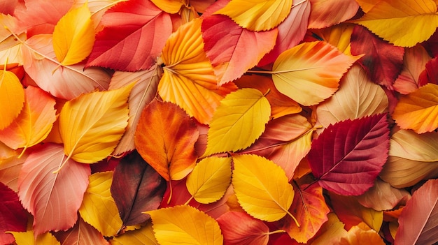 top view of vibrant autumn leaves flat lay background Generative Ai