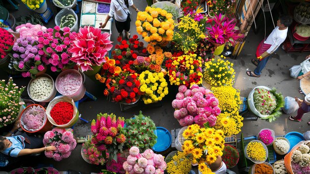 Top view of a vibrant flower market with a variety of colorful flowers such as roses lilies tulips and orchids