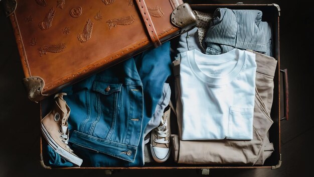Top view vintage koffer met casual kleding