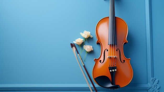 Top view of violin musical on blue background with copy space