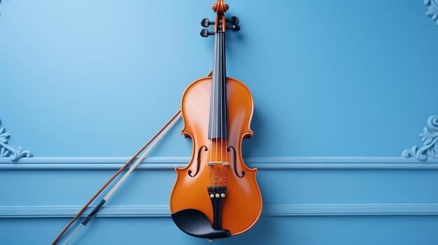 Top view of violin musical on blue background with copy space