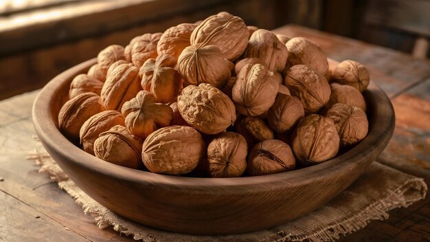 Top view of walnuts in a bowl on rustic