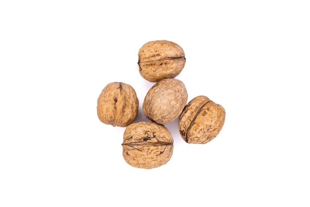 Top view of walnuts isolated on white background