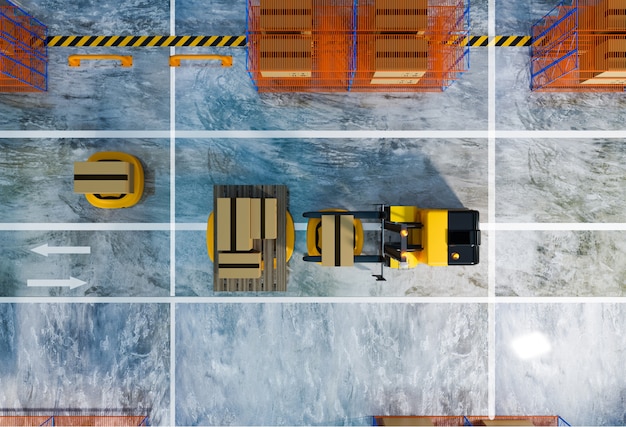 Вид сверху склада с работающим AGV и роботом подъемного транспортного средства, рендеринг 3d-иллюстрации