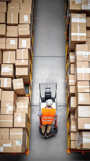 top view of a warehouse worker moving package boxes in a large logistics centre