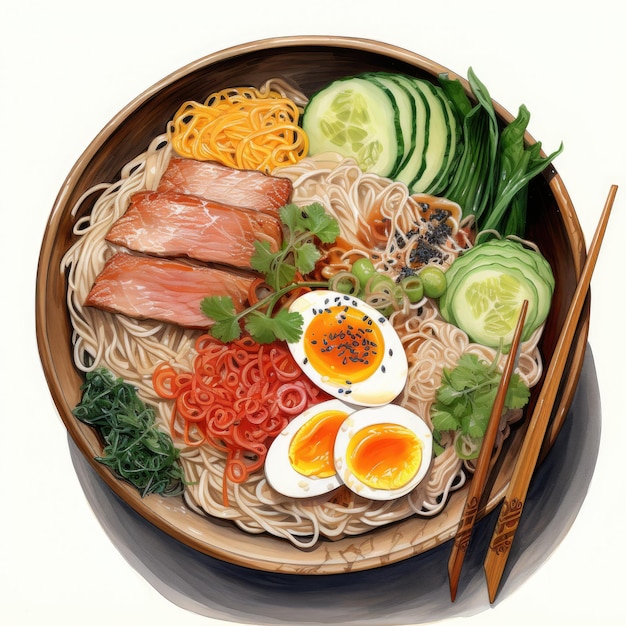 top view watercolor ramen on white background