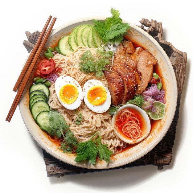 top view watercolor ramen on white background