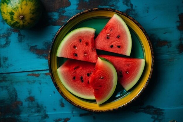 Top view of watermelon slices inside blue plate on the yellow desk