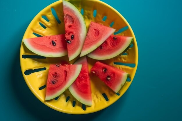 Top view of watermelon slices inside blue plate on the yellow desk