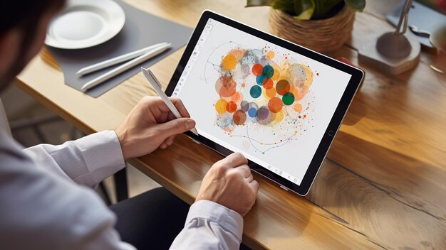 Top view of web designer sketching graphic on tablet with blank screen