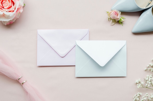 Photo top view wedding envelopes