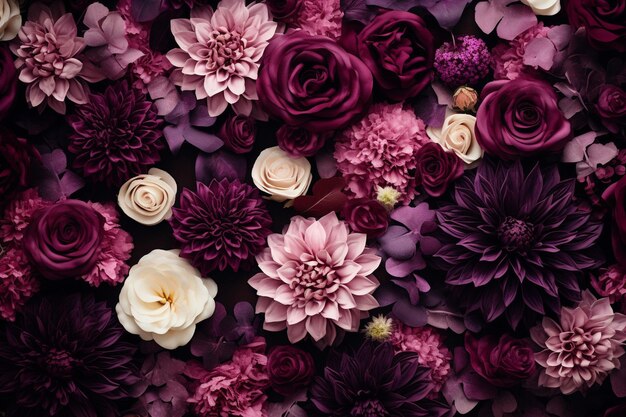 Top view of wedding flowers on white wood background