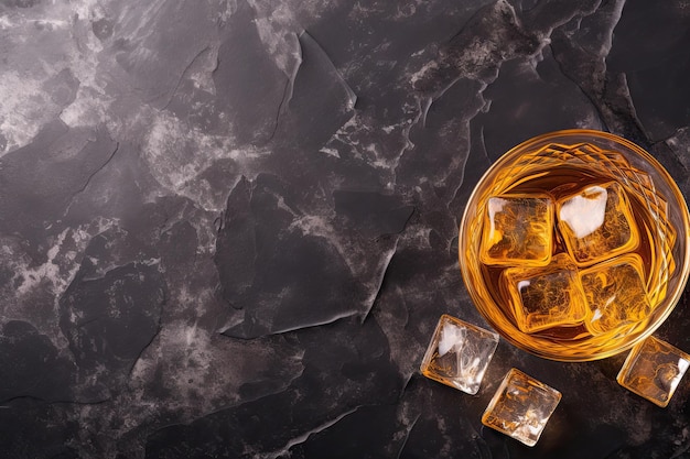 Top view of a whiskey glass with golden liquid ice cubes on a table Space for text