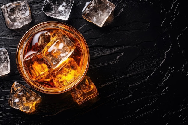 Top view of a whiskey glass with golden liquid ice cubes on a table Space for text