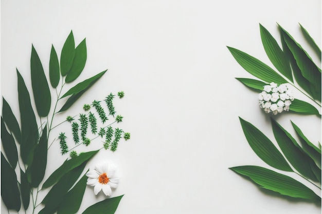 녹색 잎과 꽃과 상위 뷰 흰색 배경