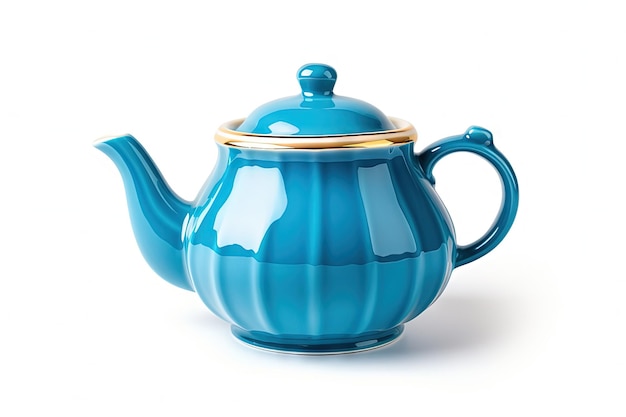 Top view of a white background with an isolated blue ceramic teapot