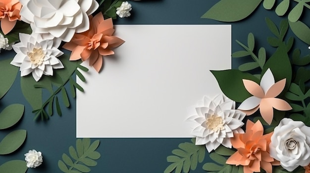 Top view of white blank card on multicolored paper flower Generative AI