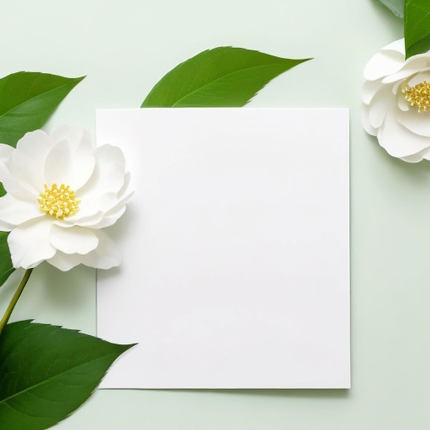 top view of white blank card near paper