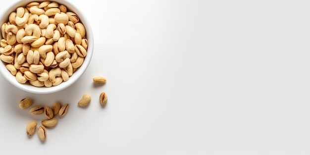 top view a white bowl peanuts in the corner side on white background copy space