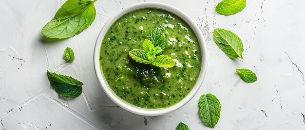 Photo top view of white bowl with green meant sauce with a studio white backdrop for text or product advertisement generative ai