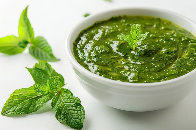 Photo top view of white bowl with green meant sauce with a studio white backdrop for text or product advertisement generative ai