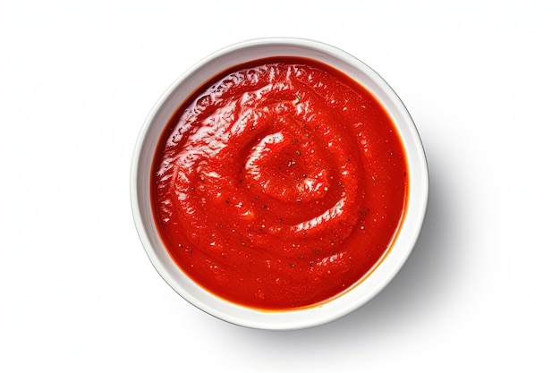 Top view of a white bowl with red sauce isolated on a white background