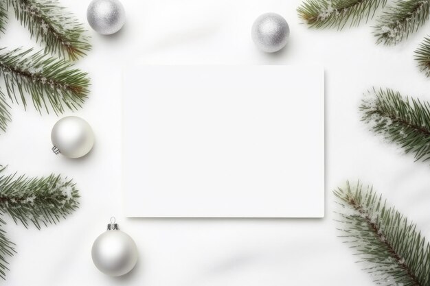 Photo top view of white card blank template mockup on a festive snowy background of fir tree silver