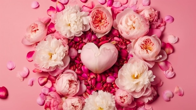 Top view white circle pink peony rose and heartshaped sprinkles on isolated pastel pink background