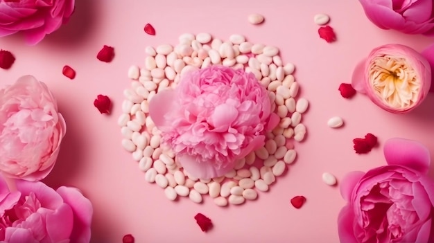 Top view white circle pink peony rose and heartshaped sprinkles on isolated pastel pink background