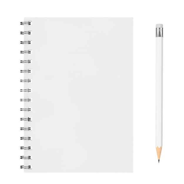 Top View of White Closed Spiral Paper Cover Notebook with White Pencil with Blank Space for Yours Design on a white background. 3d Rendering