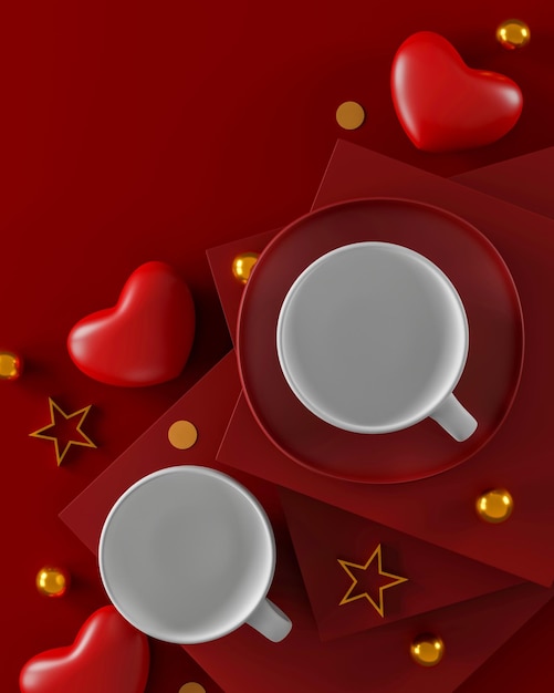 Вид сверху на белую чашку кофе, красное сердце и открытку на красном фоне