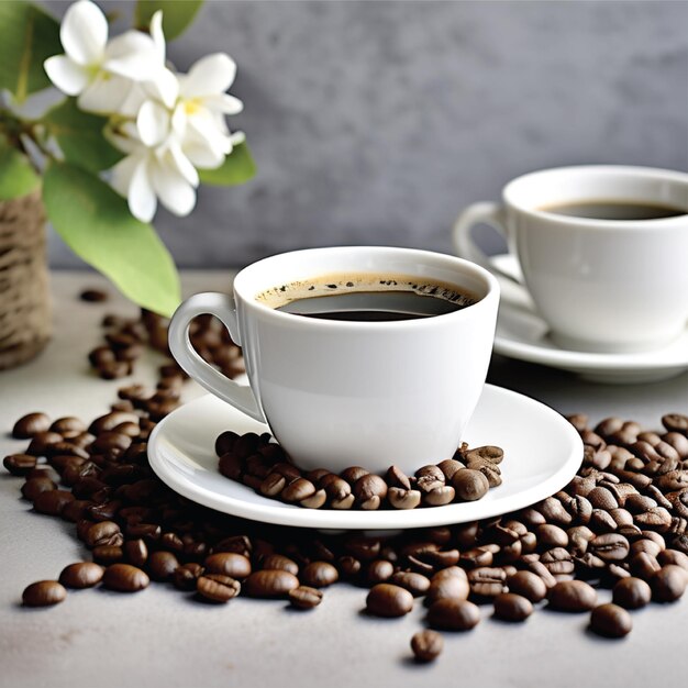 Foto vista dall'alto di una tazza di caffè bianca con i chicchi di caffè