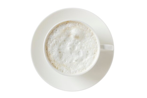 Top view of white coffee cup with saucer isolated on white background.