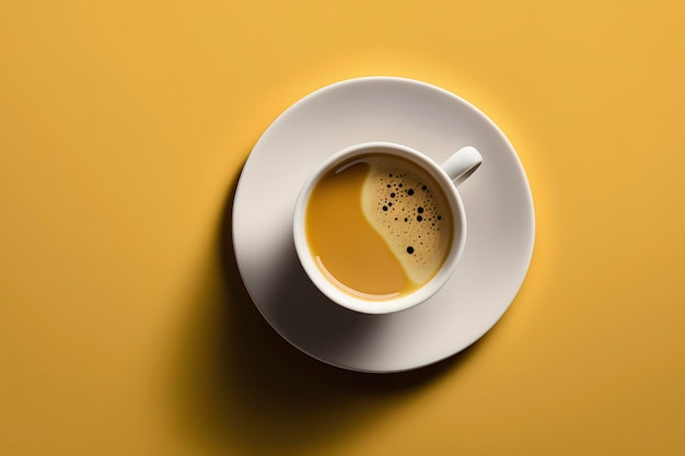 Top View of a White Coffee Cup on Yellow Background