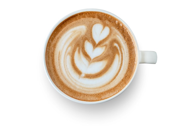 Foto vista dall'alto, tazza bianca caffè latte isolato su sfondo bianco. il file contiene con un tracciato di ritaglio così facile da lavorare.