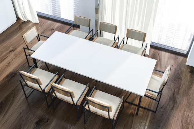 Top view of white dining table with white and wooden chairs around it standing in room with white walls and wooden floor. 3d rendering