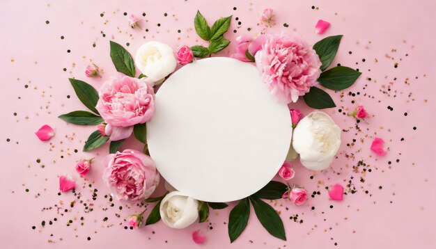 Top view of white empty circle and spring flowers pink roses on pink background with copy space