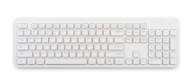 Photo top view of white english keyboard isolated on light blue or cyan background color