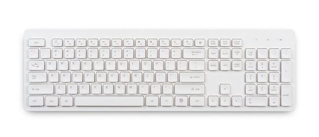 Top view of white english keyboard isolated on light blue or cyan background color